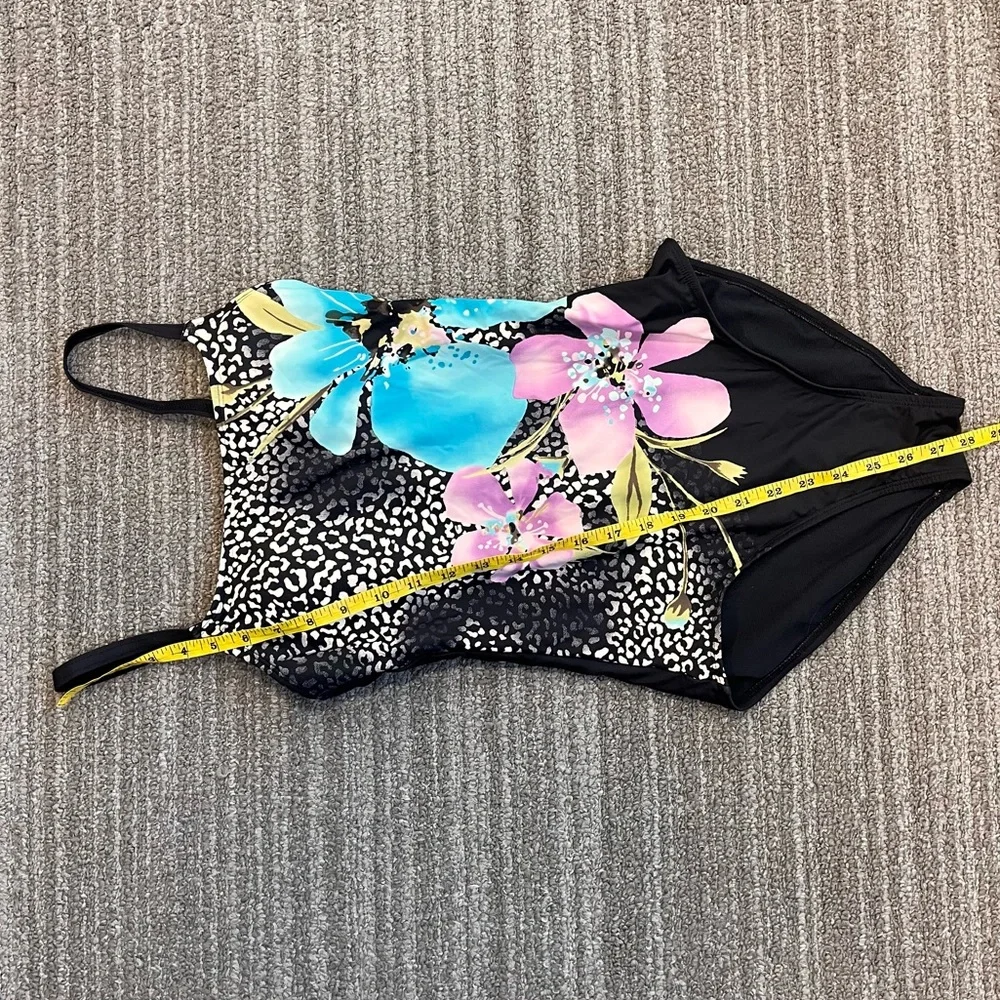 Dana Buchman Swimsuit Black One Piece Hawaiian Floral Animal Print 10
